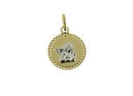 18K YELLOW WHITE GOLD MEDAL 14mm ROUND PENDANT, GUARDIAN ANGEL, DOTTED FRAME.