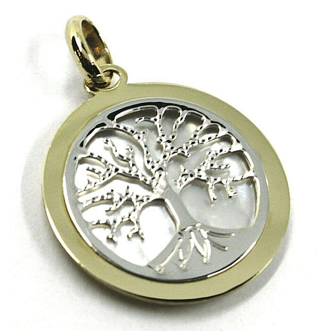 9k white yellow gold pendant, tree of life disc diameter 17 mm, mother of pearl.