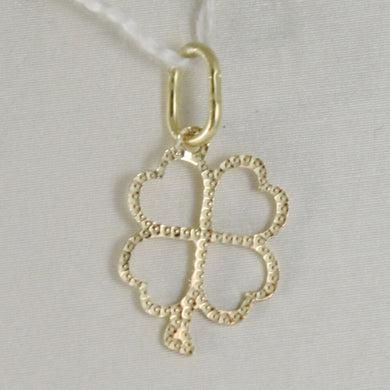 18K YELLOW GOLD FOUR LEAF CLOVER CHARM PENDANT WORKED LUMINOUS MADE IN ITALY.