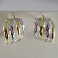 18K YELLOW WHITE GOLD EARRINGS ALTERNATE WORKED HOOPS HOOP 13 MM MADE IN ITALY.