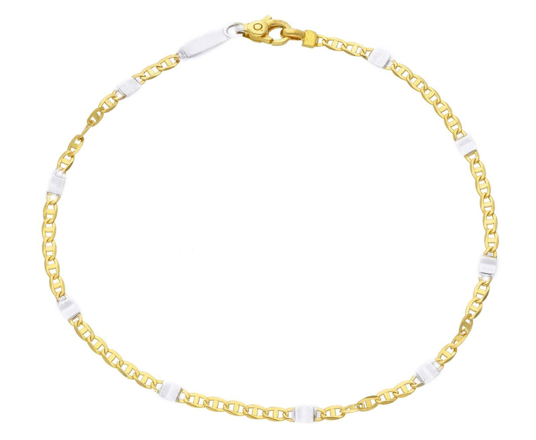 18K YELLOW WHITE GOLD FLAT BRACELET 2.5mm MARINER OVALS & PLATES, 8.3