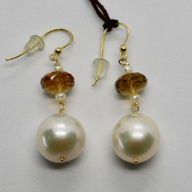 SOLID 18K YELLOW GOLD EARRINGS WITH WHITE PEARL AND BEER QUARTZ MADE IN ITALY.