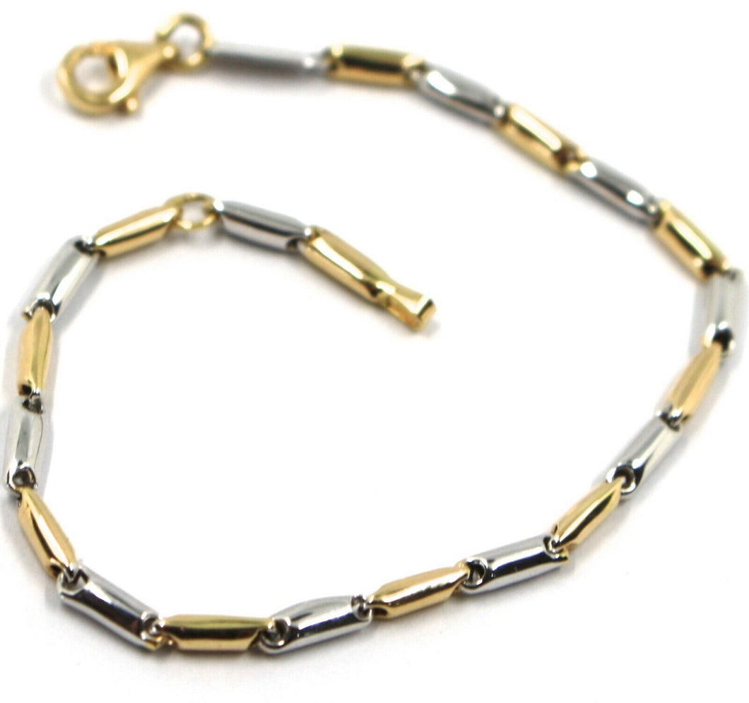 18k white yellow gold bracelet rounded alternate tube links, 21 cm, 8.2 inches