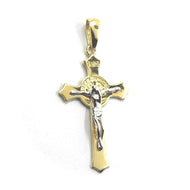 SOLID 18K YELLOW WHITE GOLD TRILOBE CROSS WITH JESUS & SAINT BENEDICT MEDAL 34mm.