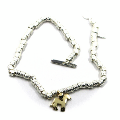 925 STERLING SILVER TUBES CUBES BRACELET, 9K YELLOW GOLD 10mm HORSE PENDANT.