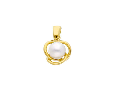 18k yellow gold pendant charm with round freshwater white luster pearl 6/6.5 mm.