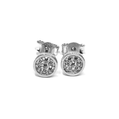 18k white gold mini button earrings with cubic zirconia, disc flower, 6 mm.