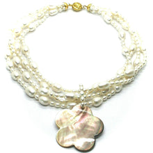 Load image into Gallery viewer, 18k yellow gold 4 wires multi strand necklace flower mother of pearl oval pearls.
