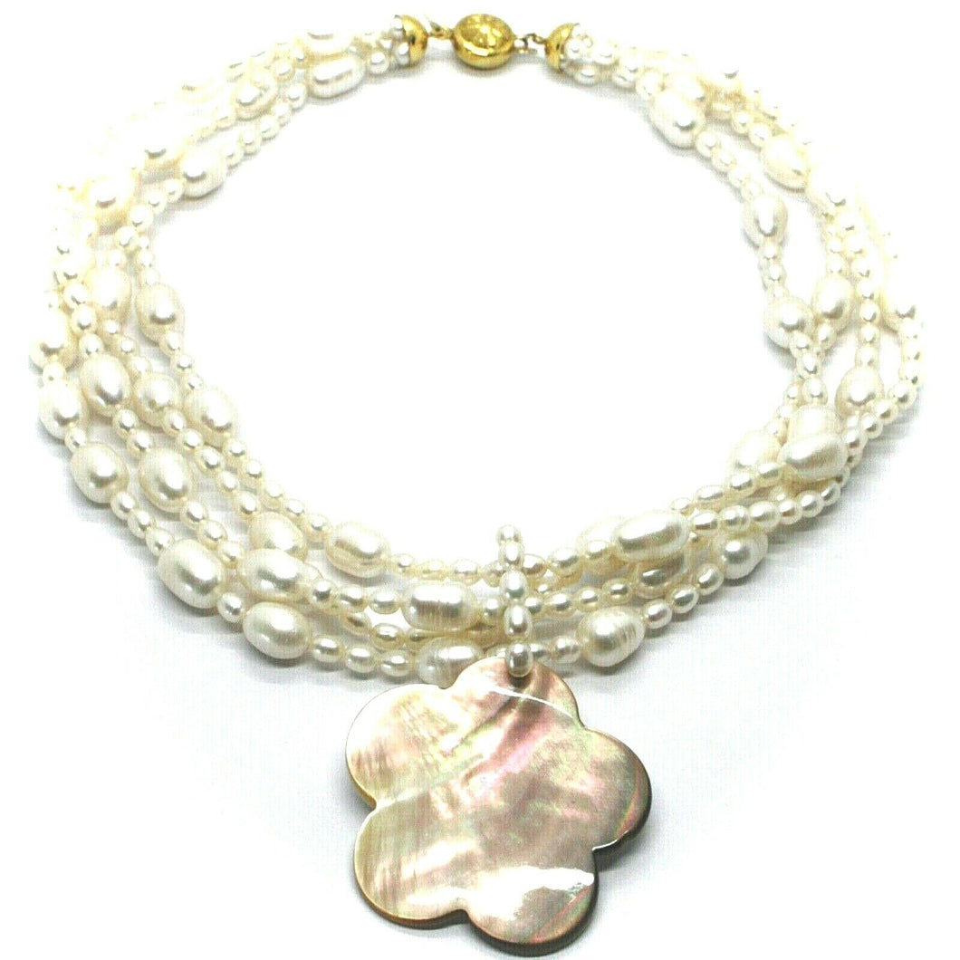 18k yellow gold 4 wires multi strand necklace flower mother of pearl oval pearls.