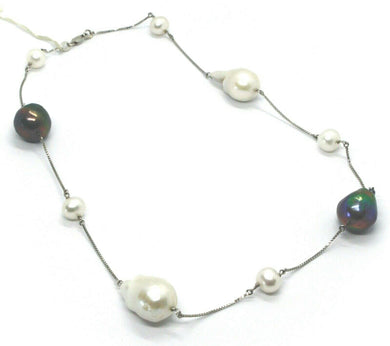 18k white gold necklace alternate drop baroque black white pearls venetian chain.