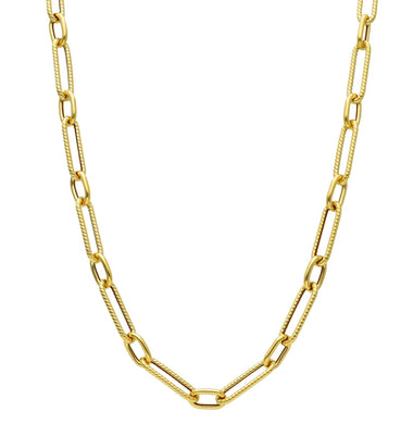 18K YELLOW GOLD NECKLACE PAPER CLIP 6x10 & 6x20mm ALTERNATE STRIPED SMOOTH OVALS.