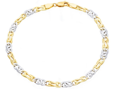 18K YELLOW WHITE GOLD BRACELET 4mm TIGER EYE ALTERNATE ONDULATE FLAT LINKS 8.3