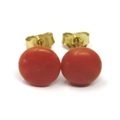 18k yellow gold half sphere disc red coral button earrings, 9 mm, 0.35 inches.