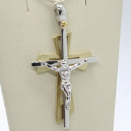 SOLID 18K WHITE YELLOW GOLD PENDANT DOUBLE CROSS, JESUS, SATIN, MADE IN ITALY.
