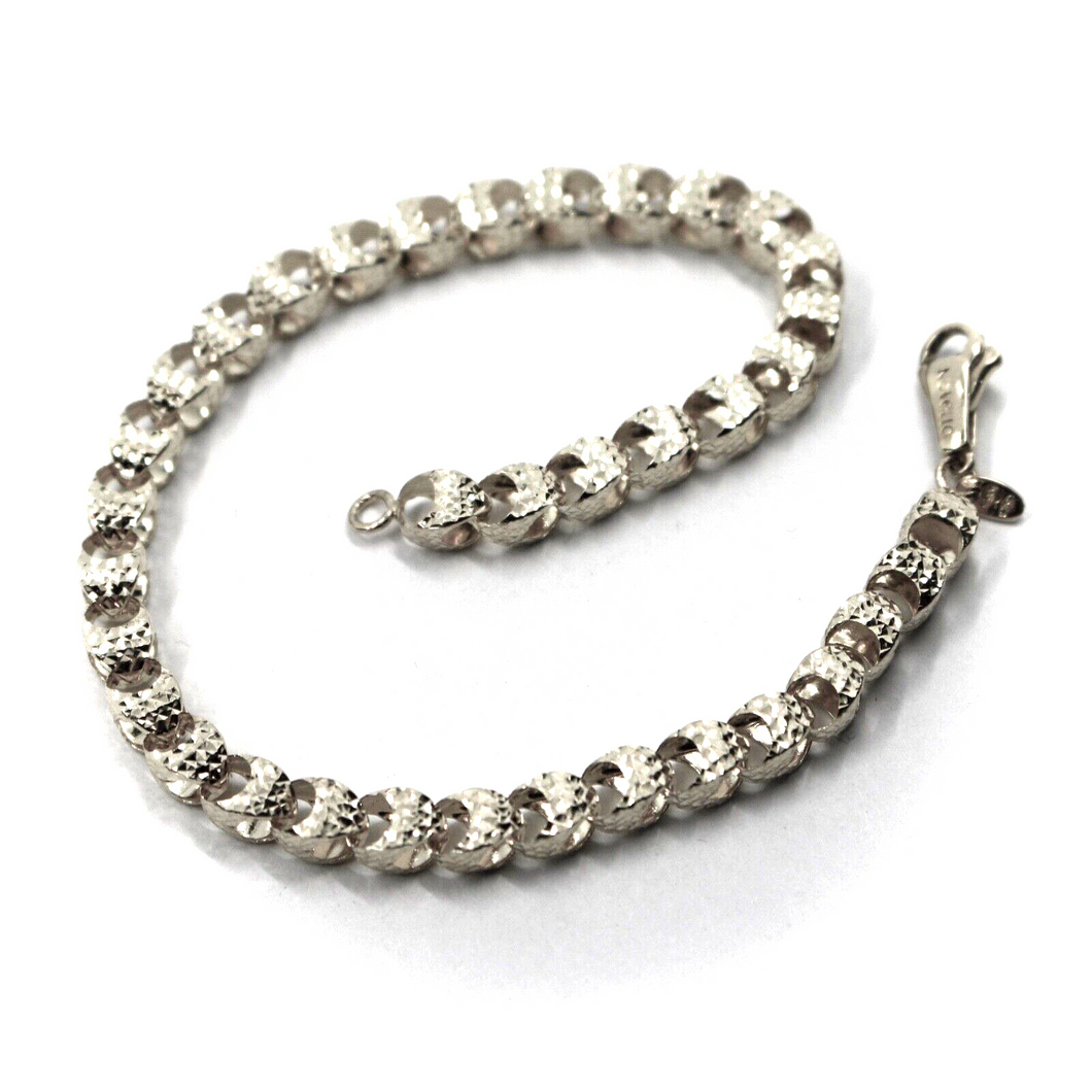 18K WHITE GOLD BRACELET, DIAMOND CUT OVAL ROUNDED 4mm DROPS LINK, 19cm 7.5