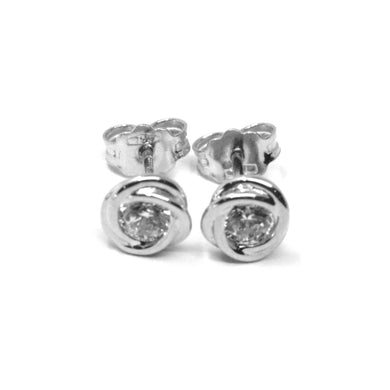 18k white gold mini button earrings cubic zirconia, flower braided spiral, 6 mm.