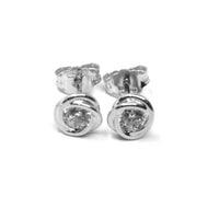 18k white gold mini button earrings cubic zirconia, flower braided spiral, 6 mm.