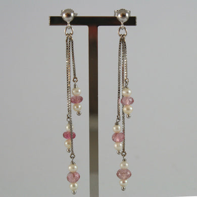 SOLID 18K WHITE GOLD PENDANT EARRINGS, WITH WHITE PEARLS AND PINK TOURMALINES.