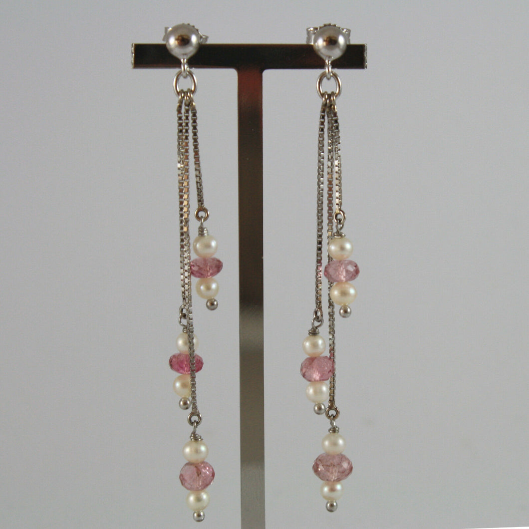 SOLID 18K WHITE GOLD PENDANT EARRINGS, WITH WHITE PEARLS AND PINK TOURMALINES