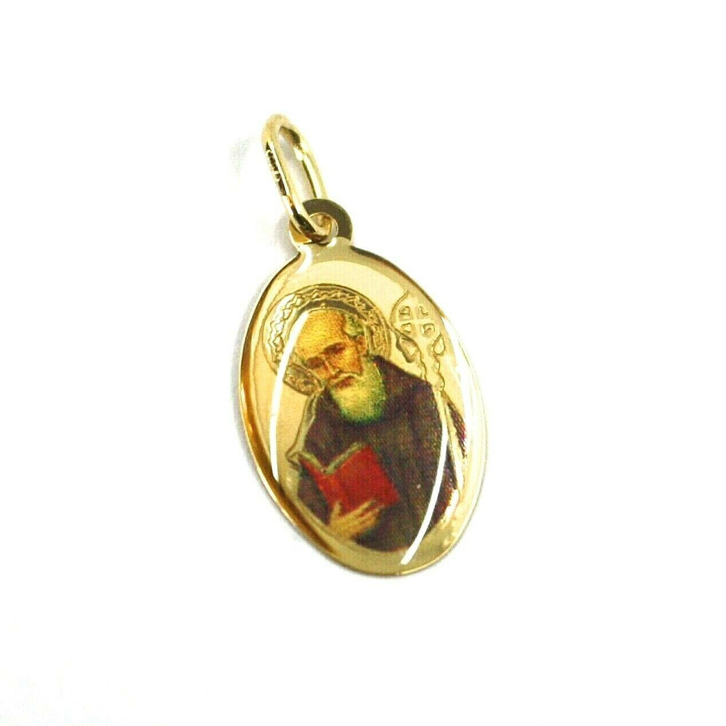 SOLID 18K YELLOW OVAL GOLD MEDAL, 17x12 mm, SAINT BENEDICT, ENAMEL
