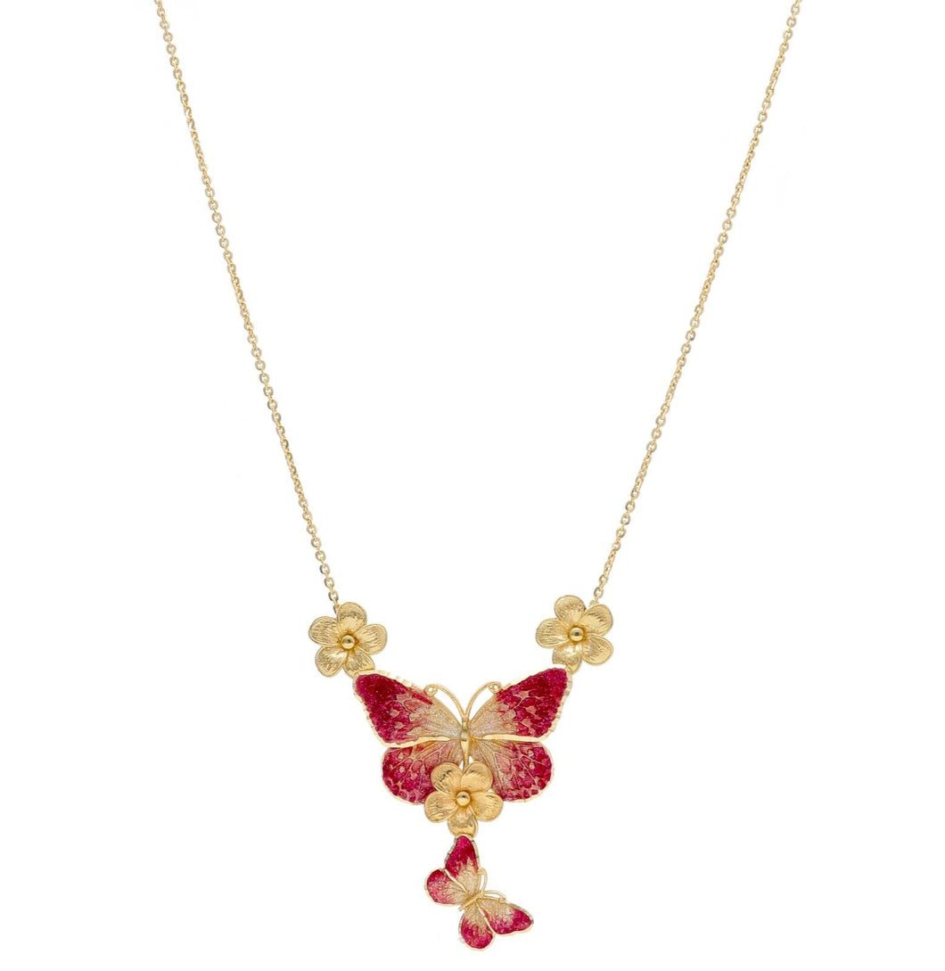 18K YELLOW GOLD ROLO NECKLACE ENAMEL FINELY WORKED FLOWER BUTTERFLY PENDANT.