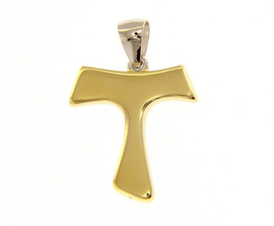 18k yellow white gold 22mm cross Franciscan tau tao Saint Francis pendant.