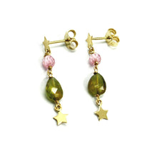 Load image into Gallery viewer, 18K YELLOW GOLD STAR PENDANT EARRINGS, GREEN TOURMALINE, PINK ZIRCONIA, 3.2cm.
