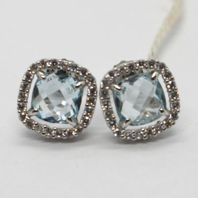 18k white gold earrings cushion square blue topaz, zirconia frame.