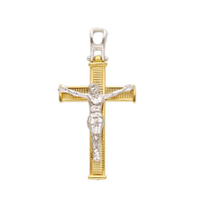 Load image into Gallery viewer, 18K YELLOW WHITE GOLD SQUARED STRIPED CROSS PENDANT, SMOOTH JESUS CHRIST, 28mm.
