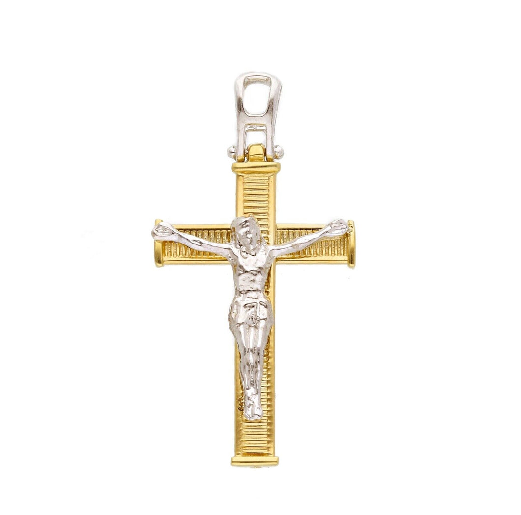 18K YELLOW WHITE GOLD SQUARED STRIPED CROSS PENDANT, SMOOTH JESUS CHRIST, 28mm.