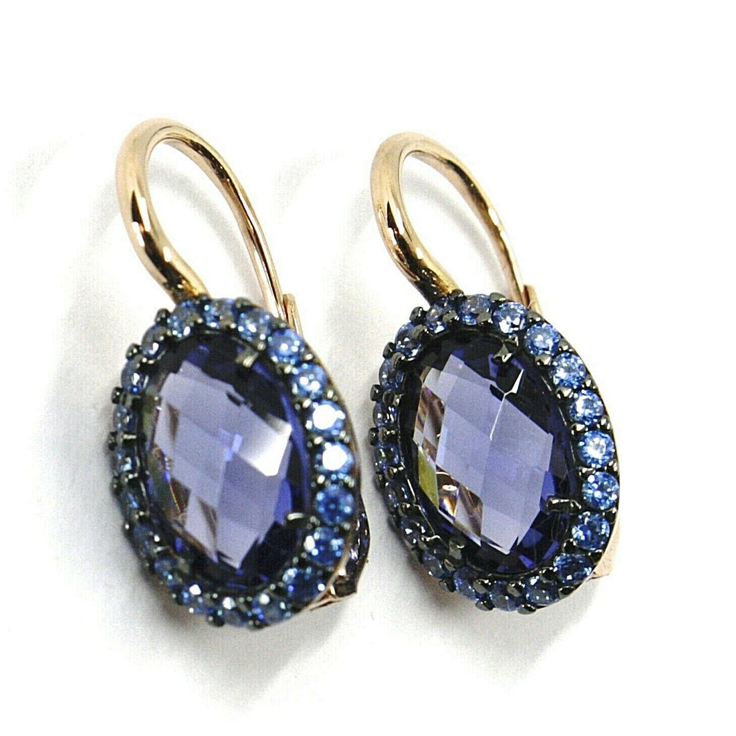 18k rose gold leverback flower earrings, oval crystal, blue cubic zirconia frame.