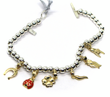 Load image into Gallery viewer, 925 STERLING SILVER BRACELET, 9K YELLOW GOLD HORSESHOE, HAND, OWL, HORN, LADYBUG.
