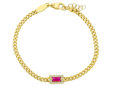 18K YELLOW GOLD BRACELET, GOURMETTE CUBAN CURB LINK 3.2mm, SQUARE RED ZIRCONIA.