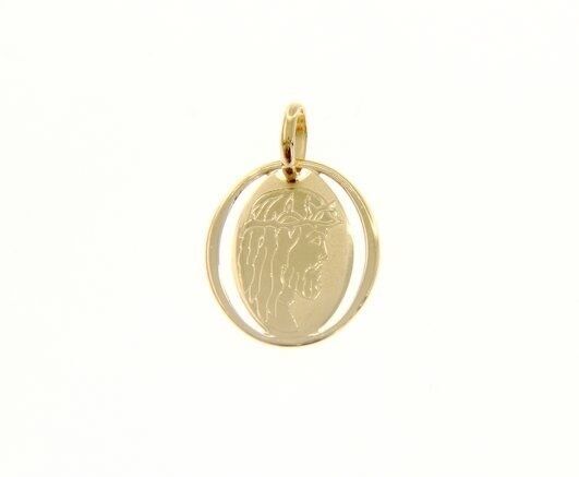 18K YELLOW GOLD PENDANT OVAL MEDAL JESUS FACE THORNS ENGRAVABLE MADE IN ITALY.