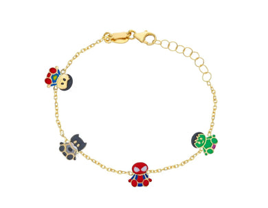18k yellow gold kid child boy baby enamel bracelet, four characters rolo chain.