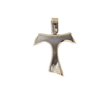 Load image into Gallery viewer, 18k white gold 20mm cross Franciscan tau Saint Francis mother of pearl pendant.
