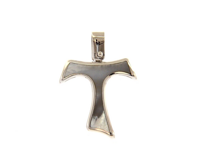 18k white gold 20mm cross Franciscan tau Saint Francis mother of pearl pendant.