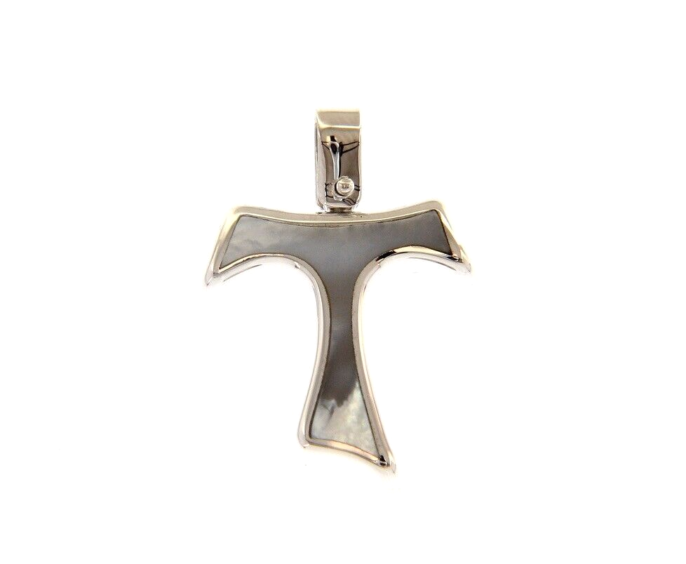 18k white gold 20mm cross Franciscan tau Saint Francis mother of pearl pendant.