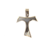 18k white gold 20mm cross Franciscan tau Saint Francis mother of pearl pendant.