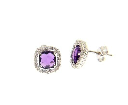 18k white gold earrings cushion square purple amethyst and cubic zirconia frame.