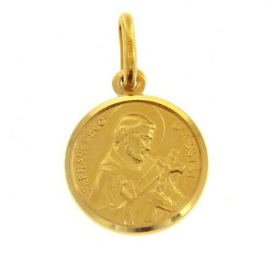 18k yellow gold St Saint Francis Francesco Assisi medal, made in Italy, 13 mm.