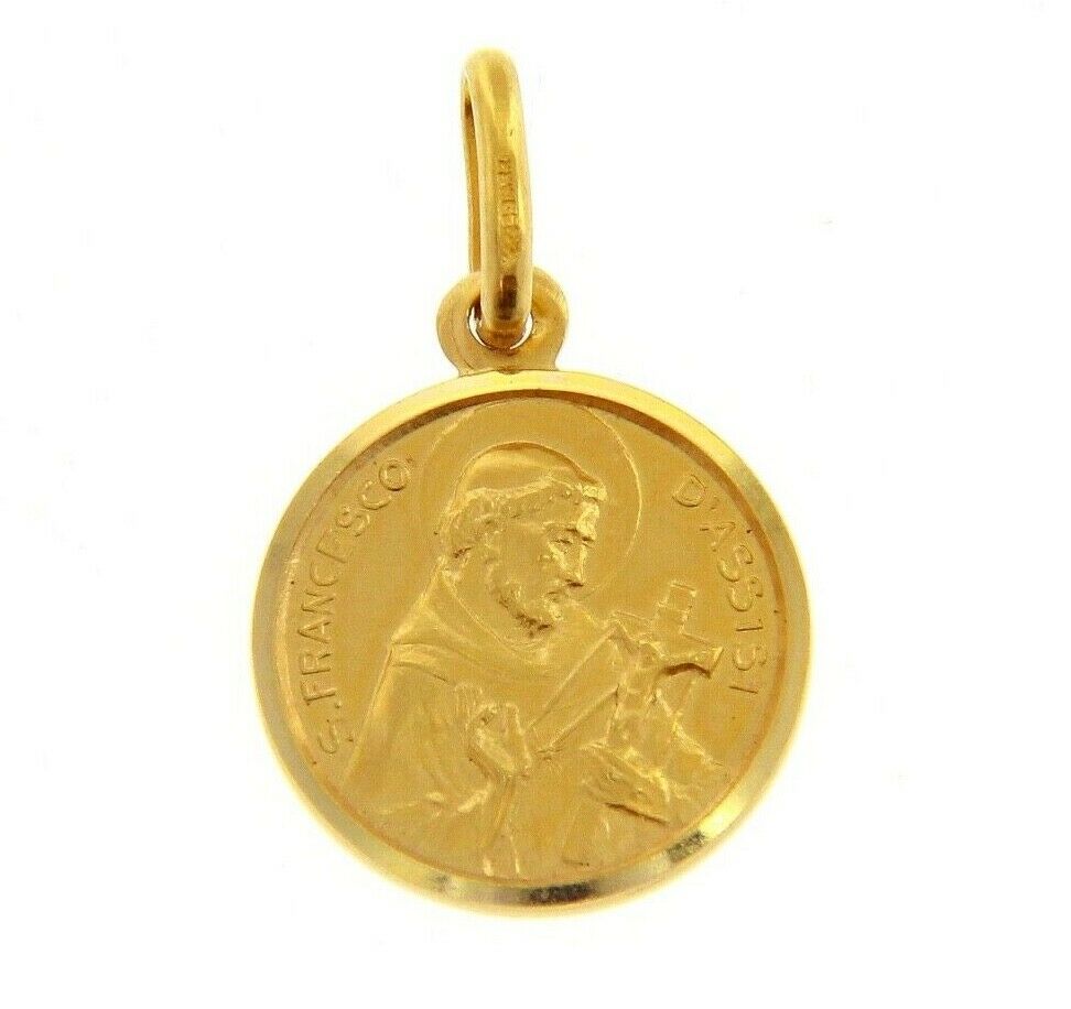 18k yellow gold St Saint Francis Francesco Assisi medal, made in Italy, 13 mm.