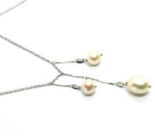 Load image into Gallery viewer, 18k white gold lariat necklace 3 pendant wires with pink pearls, rolo chain.
