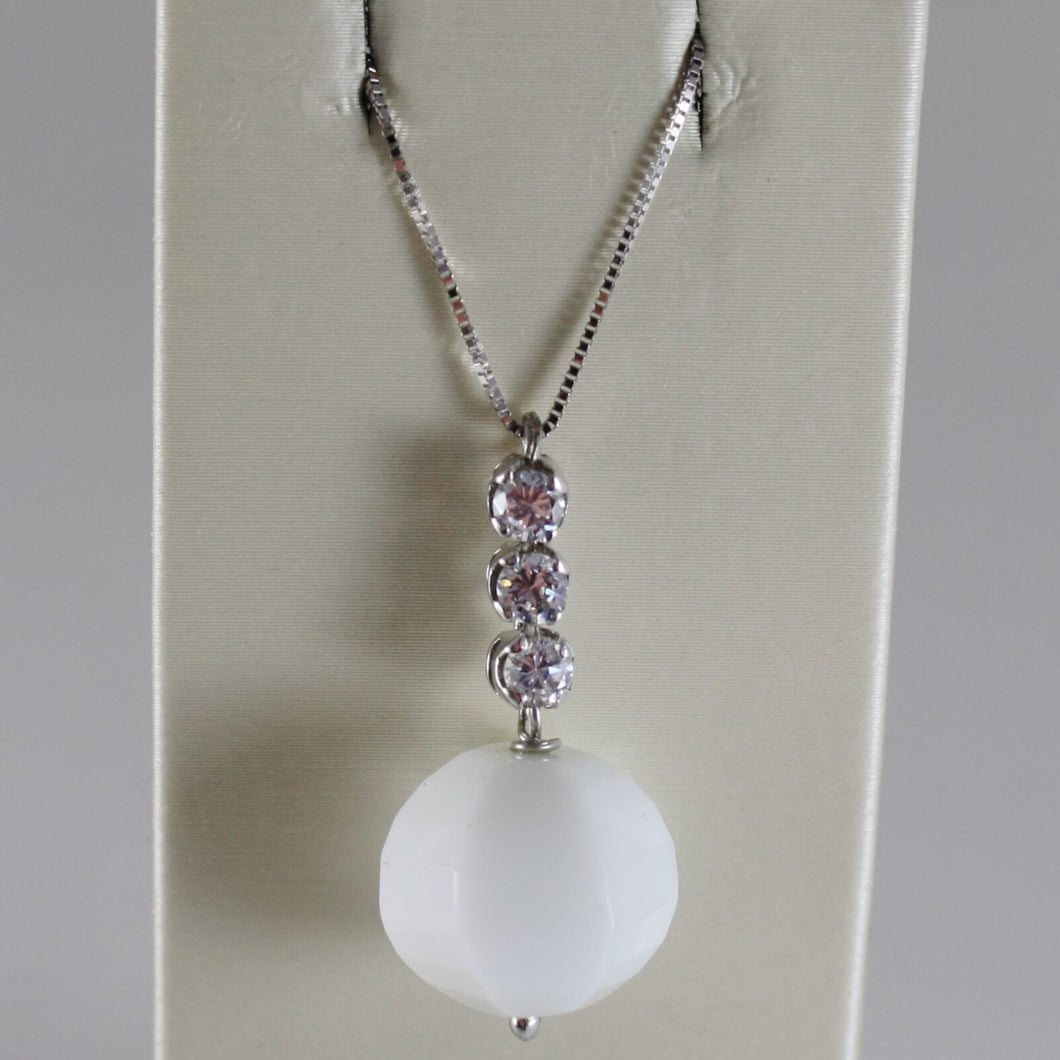 18k white gold chain necklace, round faceted white agate 6.7 ct made in Italy.