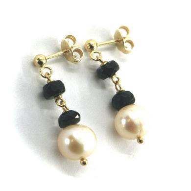 18k yellow gold pendant earrings faceted tourmaline, pink pearls, 2.7cm, 1.05