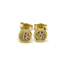 Load image into Gallery viewer, 18K YELLOW GOLD MINI BUTTON EARRINGS WITH CUBIC ZIRCONIA, DISC FLOWER, 6 MM
