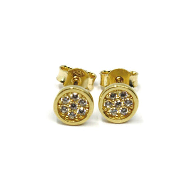 18K YELLOW GOLD MINI BUTTON EARRINGS WITH CUBIC ZIRCONIA, DISC FLOWER, 6 MM.