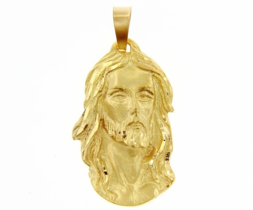 18K YELLOW GOLD JESUS FACE PENDANT CHARM 56 MM, 2.2 IN, FINELY WORKED ITALY MADE.