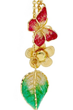 Load image into Gallery viewer, 18K YELLOW GOLD PENDANT 60mm EARRINGS FINELY WORKED ENAMEL FLOWER LEAF BUTTERFLY.
