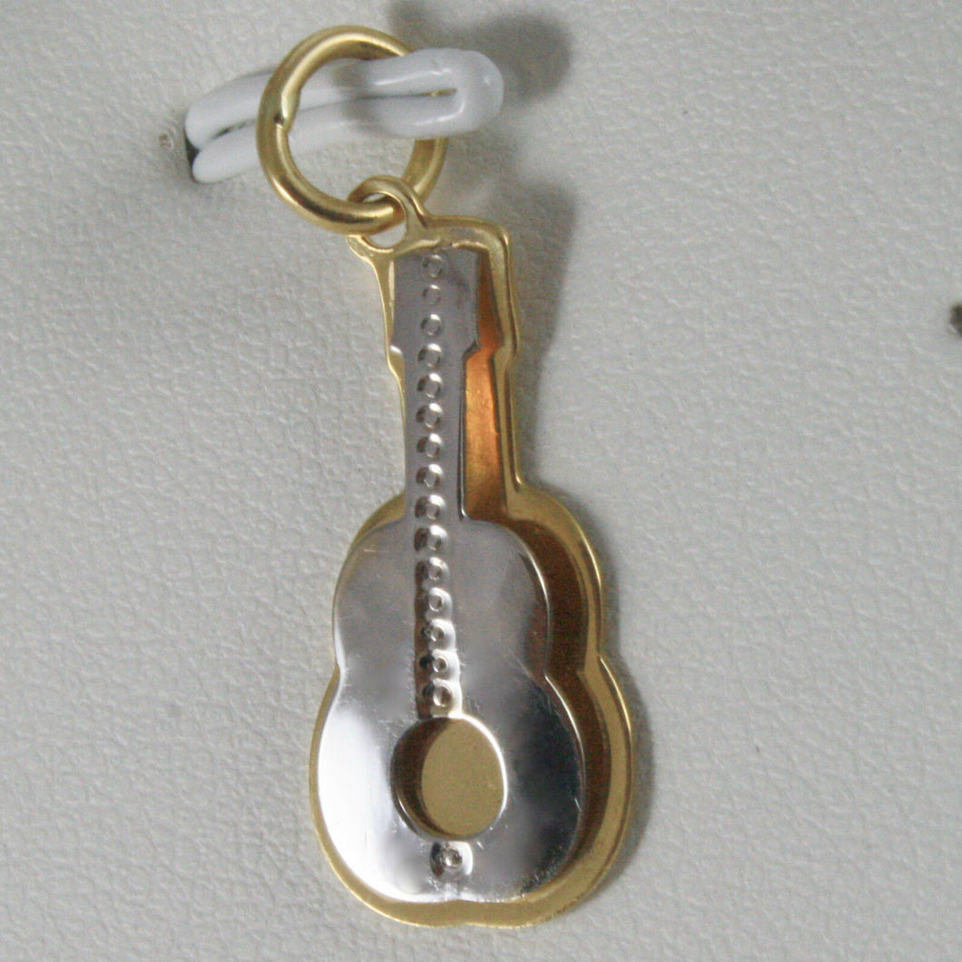 SOLID 18K WHITE & YELLOW GOLD ACOUSTIC GUITAR PENDANT CHARM, MADE IN ITALY